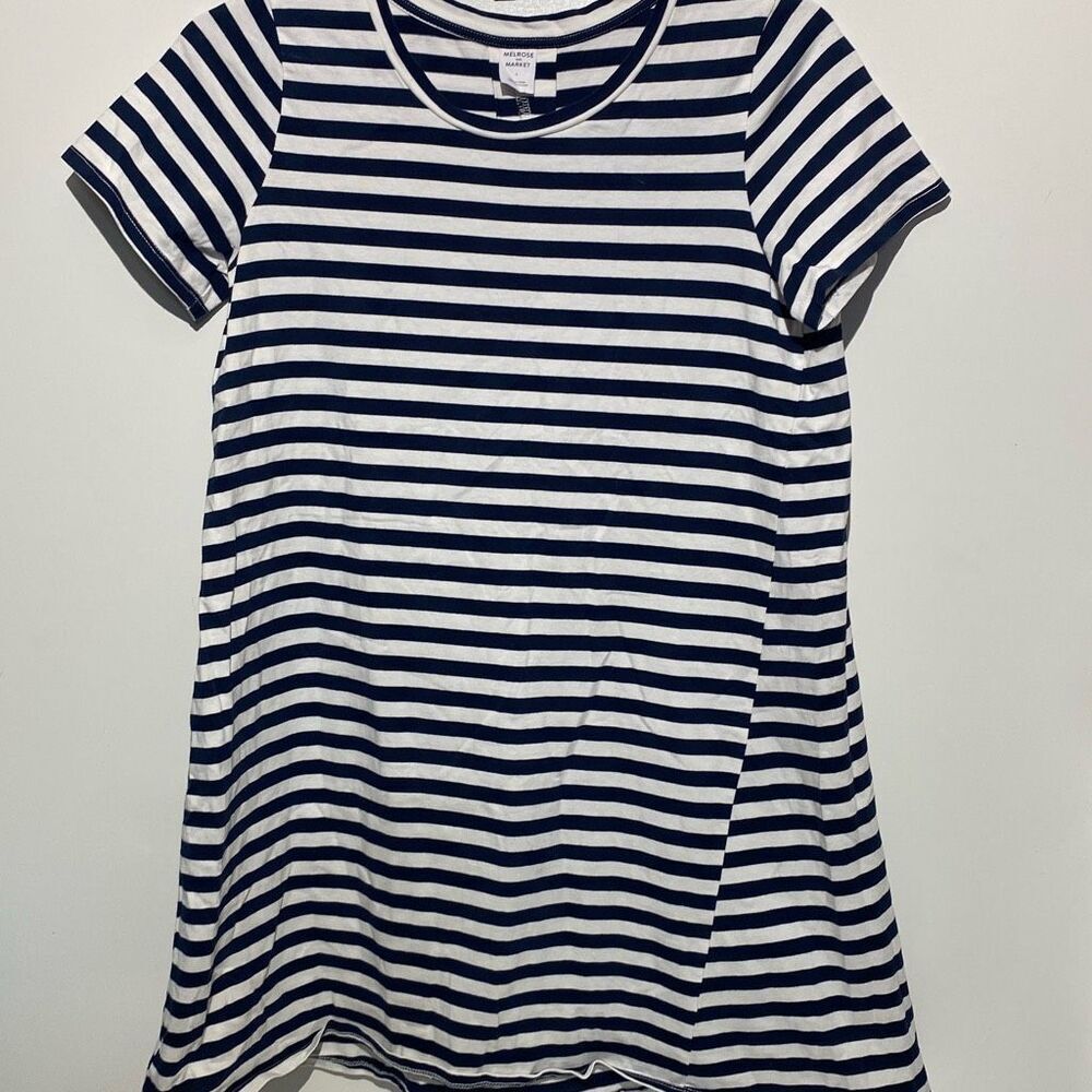 Melrose and Market Striped Short Sleeve T-Shirt Dress Navy White Pleat Back L